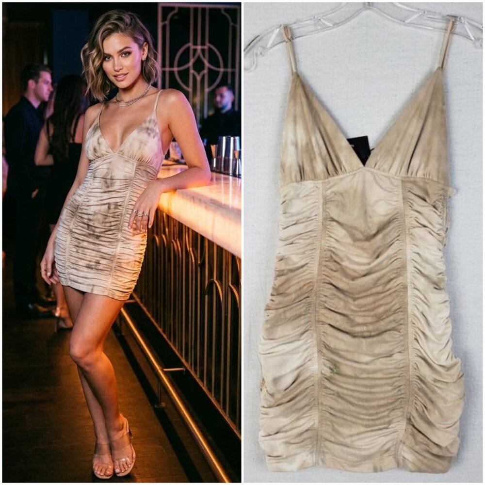 NWT Sky to Moon Ruched Fitted Mini Dress Soft Stretchy size L Strappy V-neck